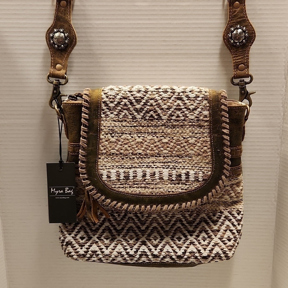 Myra Purse NWT Crossbody Leather Straps Silver Concho Western Tapestry